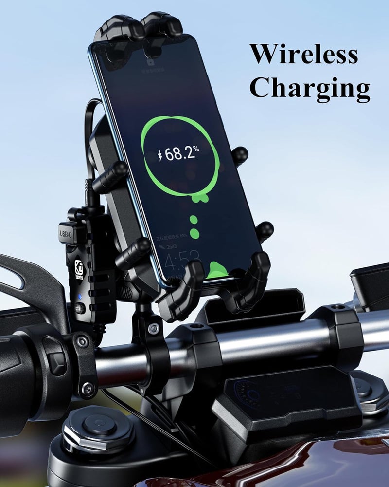 BRCOVAN Motorcycle Phone Mount Holder with Qi 15W Wireless Charger & 30W PD/USB-C Fast Charging Port, Anti-Theft Handlebar Cellphone Cradle with Vibration Dampener, Adjustable for 5.4-7.2'' Smartphone - Image 4